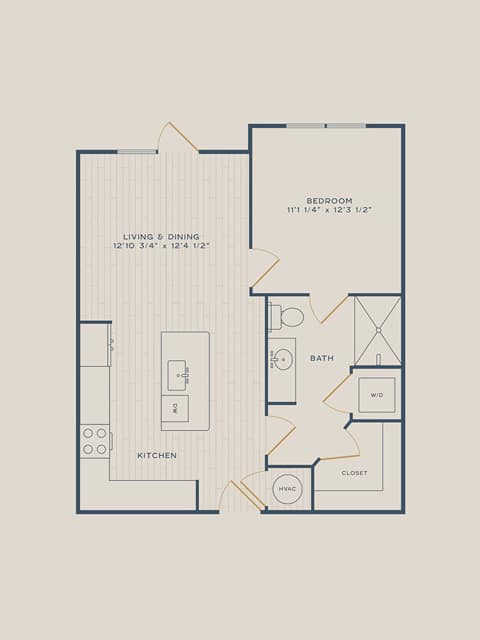 A 3D image of the Concord floorplan, a 649 squarefoot, 1 bed / 1 bath unit