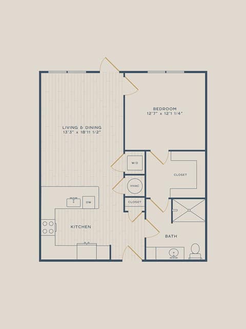 A 3D image of the Olive floorplan, a 796 squarefoot, 1 bed / 1 bath unit