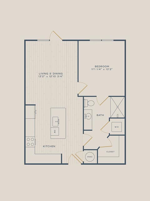 A 3D image of the Fig floorplan, a 741 squarefoot, 1 bed / 1 bath unit