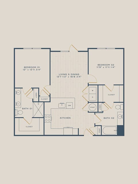 A 3D image of the Elm floorplan, a 1088 squarefoot, 2 bed / 2 bath unit