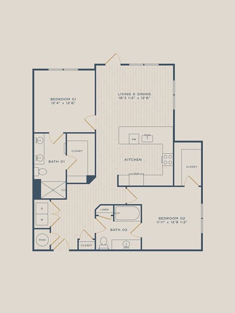 A 3D image of the Pine floorplan, a 1191 squarefoot, 2 bed / 2 bath unit