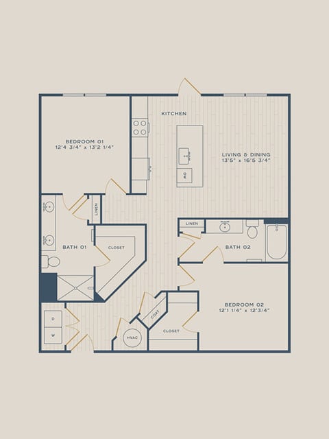 A 3D image of the Cypress floorplan, a 1208 squarefoot, 2 bed / 2 bath unit