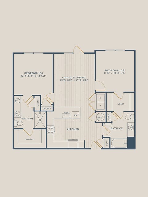 A 3D image of the Poplar floorplan, a 1089 squarefoot, 2 bed / 2 bath unit