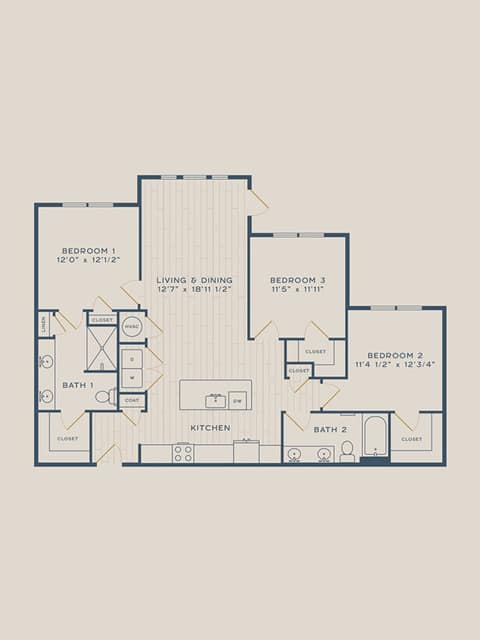 A 3D image of the Rose floorplan, a 1342 squarefoot, 3 bed / 2 bath unit